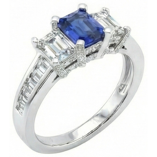 Bague saphir bleu émeraude 3 pierres sertie d'accents 3 carats