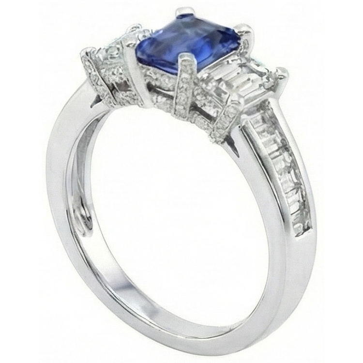 Bague saphir bleu émeraude 3 pierres sertie d'accents 3 carats