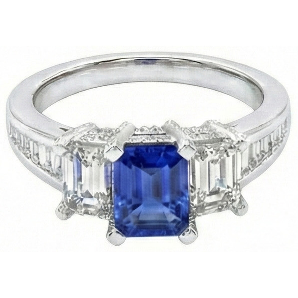 Bague saphir bleu émeraude 3 pierres sertie d'accents 3 carats