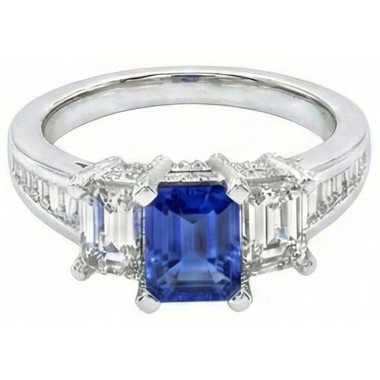 Bague saphir bleu émeraude 3 pierres sertie d'accents 3 carats