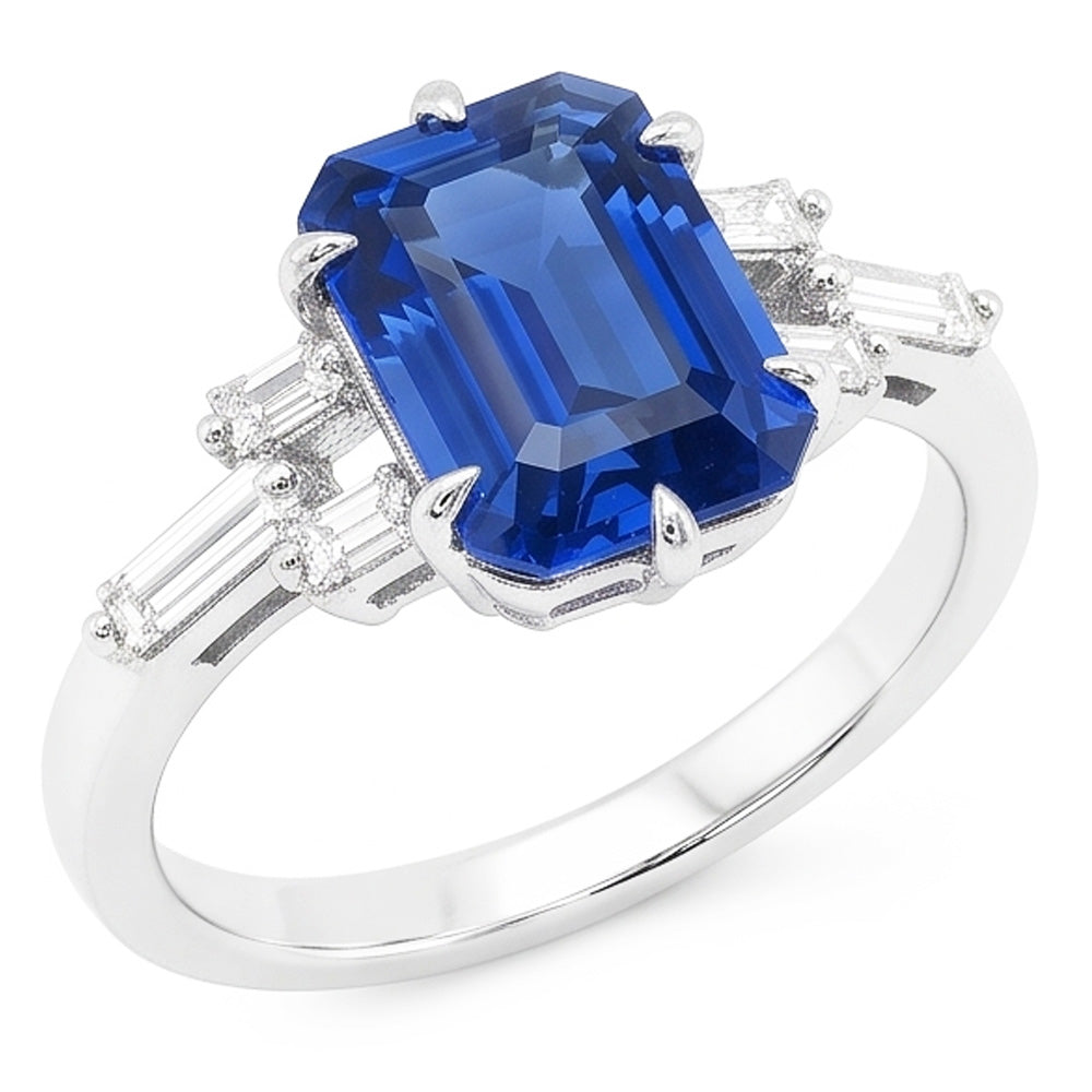 Bague saphir bleu émeraude anniversaire diamant baguette de 2.50 carats