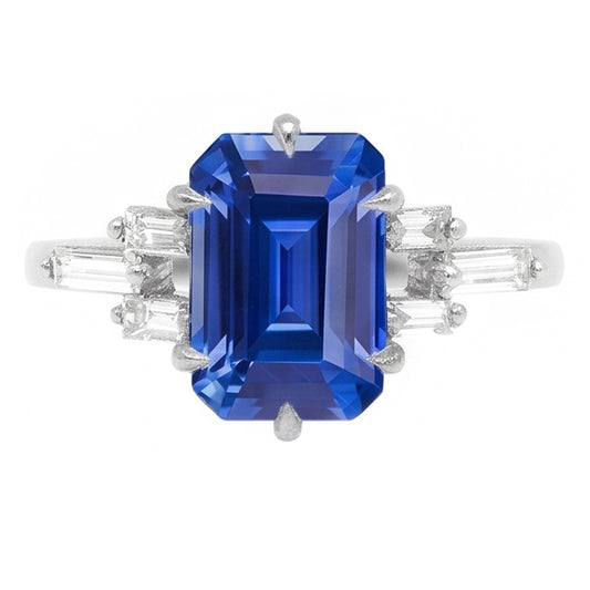 Bague saphir bleu émeraude anniversaire diamant baguette de 2.50 carats