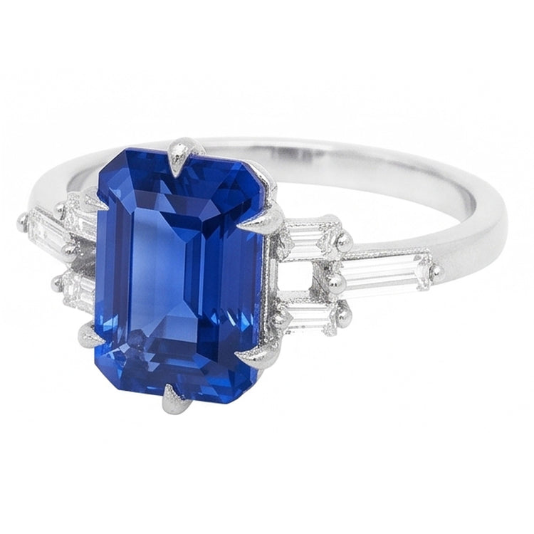 Bague saphir bleu émeraude anniversaire diamant baguette de 2.50 carats
