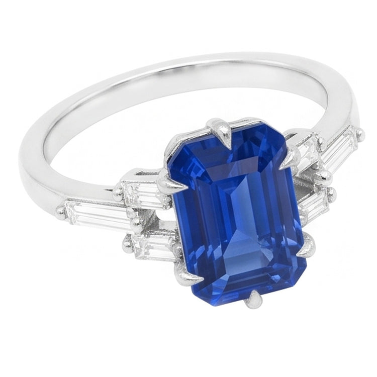 Bague saphir bleu émeraude anniversaire diamant baguette de 2.50 carats