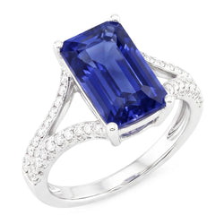 Bague saphir bleu émeraude avec pierres précieuses 4.50 carats tige fendue en or blanc