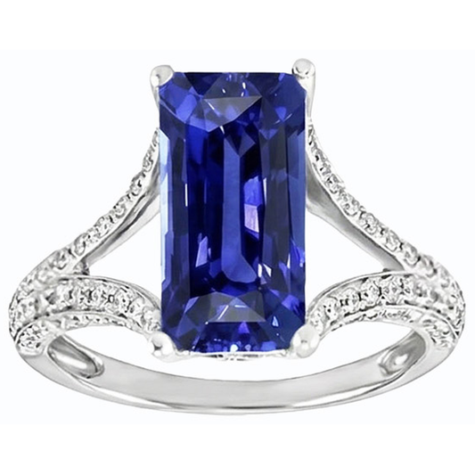 Bague saphir bleu émeraude avec pierres précieuses 4.50 carats tige fendue en or blanc