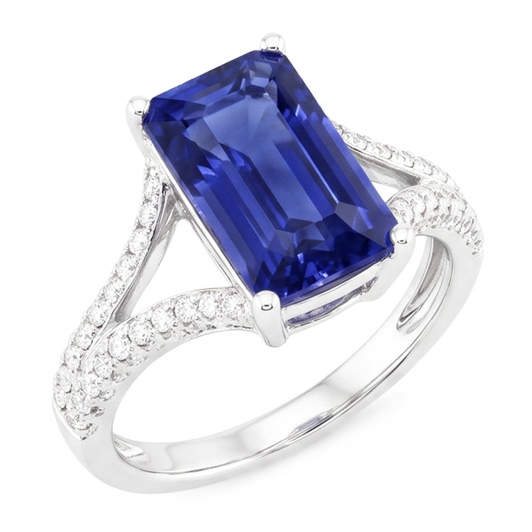 Bague saphir bleu émeraude avec pierres précieuses 4.50 carats tige fendue en or blanc