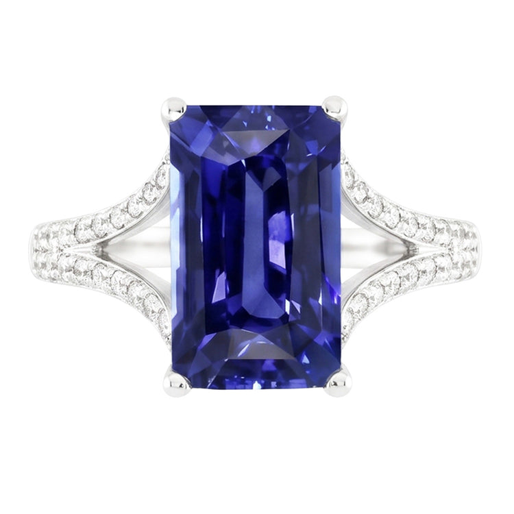 Bague saphir bleu émeraude avec pierres précieuses 4.50 carats tige fendue en or blanc