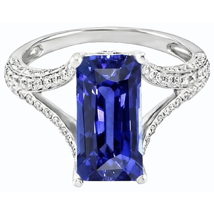 Bague saphir bleu émeraude avec pierres précieuses 4.50 carats tige fendue en or blanc