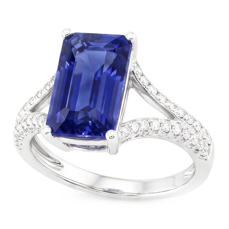Bague saphir bleu émeraude avec pierres précieuses 4.50 carats tige fendue en or blanc