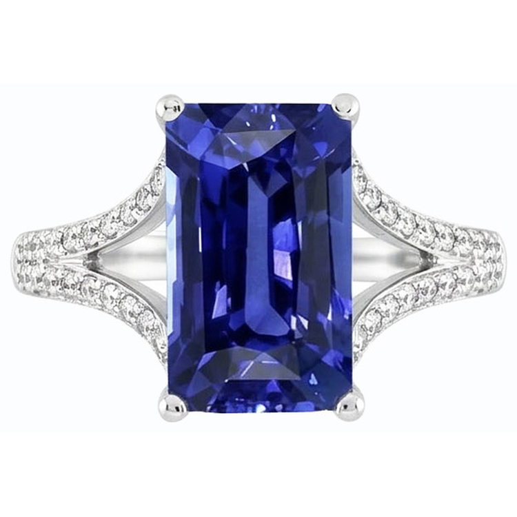 Bague saphir bleu émeraude avec pierres précieuses 4.50 carats tige fendue en or blanc