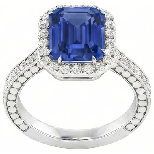 Bague saphir bleu émeraude halo de diamants 4 carats sertie de griffes Milgrain