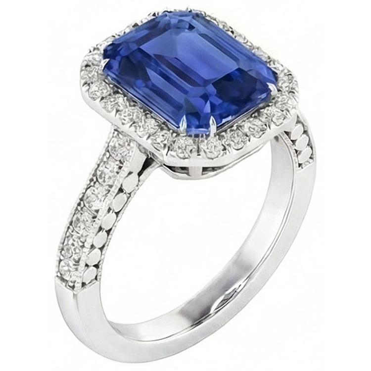 Bague saphir bleu émeraude halo de diamants 4 carats sertie de griffes Milgrain