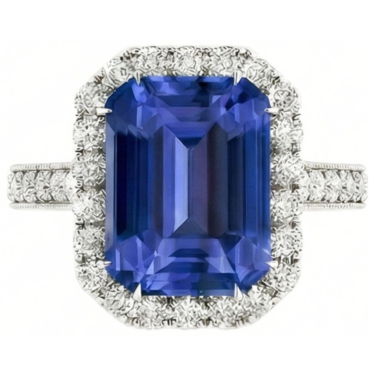 Bague saphir bleu émeraude halo de diamants 4 carats sertie de griffes Milgrain