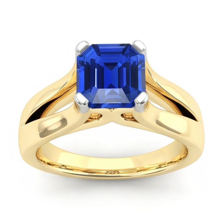 Bague saphir bleu émeraude solitaire à deux tons. tige fendue de 2.50 carats