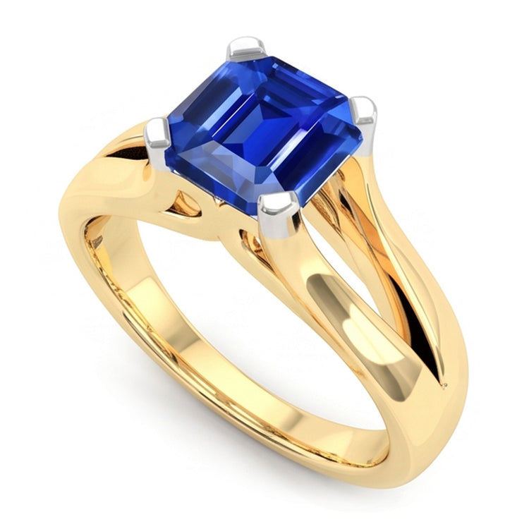 Bague saphir bleu émeraude solitaire à deux tons. tige fendue de 2.50 carats
