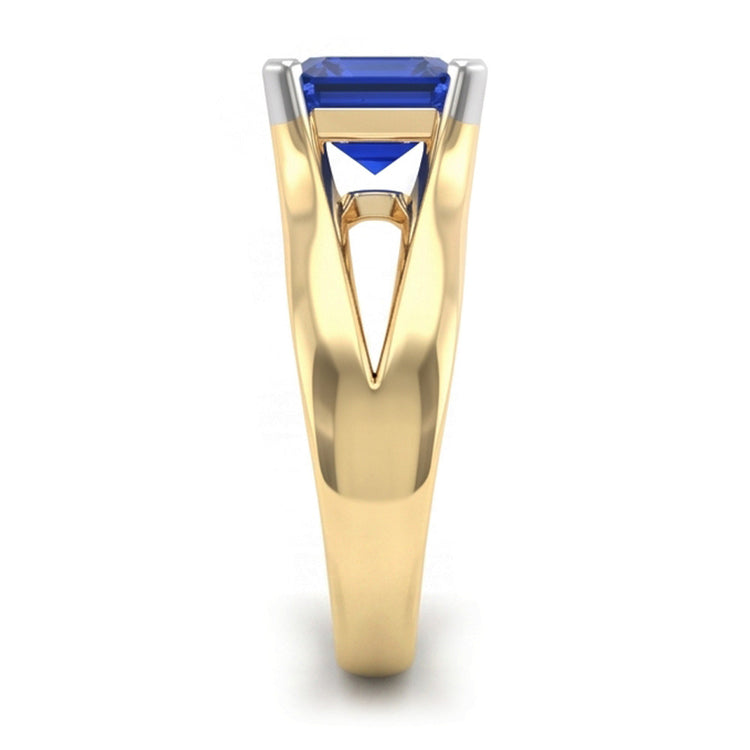 Bague saphir bleu émeraude solitaire à deux tons. tige fendue de 2.50 carats