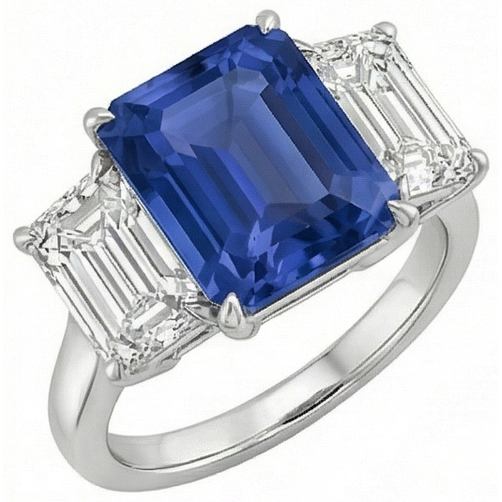 Bague saphir bleu émeraude trois pierres bijoux en or 3 carats