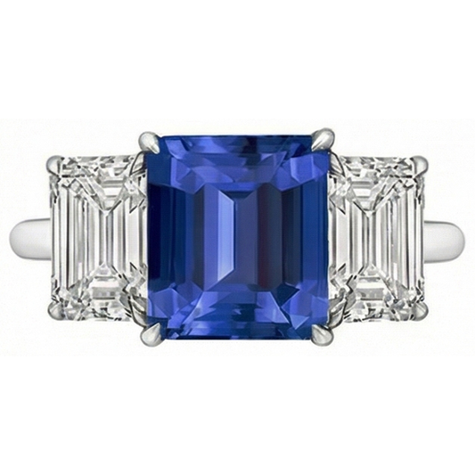 Bague saphir bleu émeraude trois pierres bijoux en or 3 carats