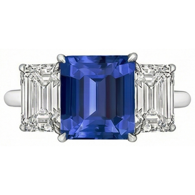 Bague saphir bleu émeraude trois pierres bijoux en or 3 carats