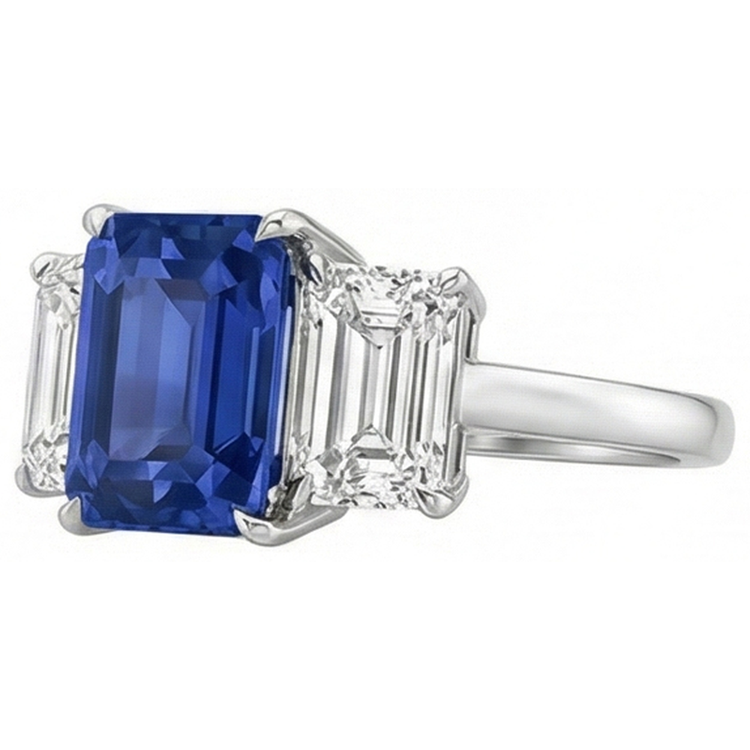 Bague saphir bleu émeraude trois pierres bijoux en or 3 carats