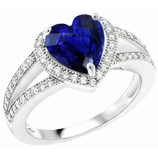 Bague saphir bleu en forme de coeur avec halo de diamants à tige fendue 4 carats