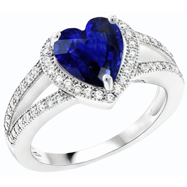 Bague saphir bleu en forme de coeur avec halo de diamants à tige fendue 4 carats