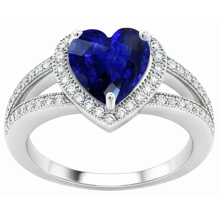 Bague saphir bleu en forme de coeur avec halo de diamants à tige fendue 4 carats