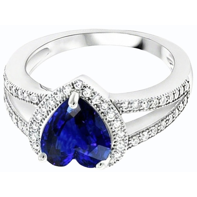 Bague saphir bleu en forme de coeur avec halo de diamants à tige fendue 4 carats