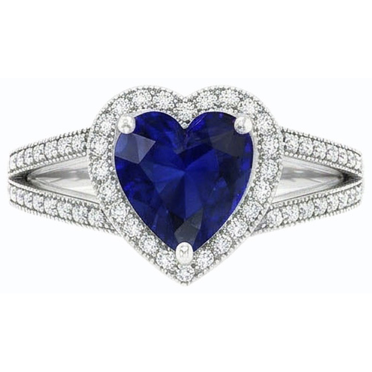 Bague saphir bleu en forme de coeur avec halo de diamants à tige fendue 4 carats