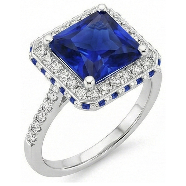 Bague saphir bleu et halo de diamants 5.5 carats princesse avec accent