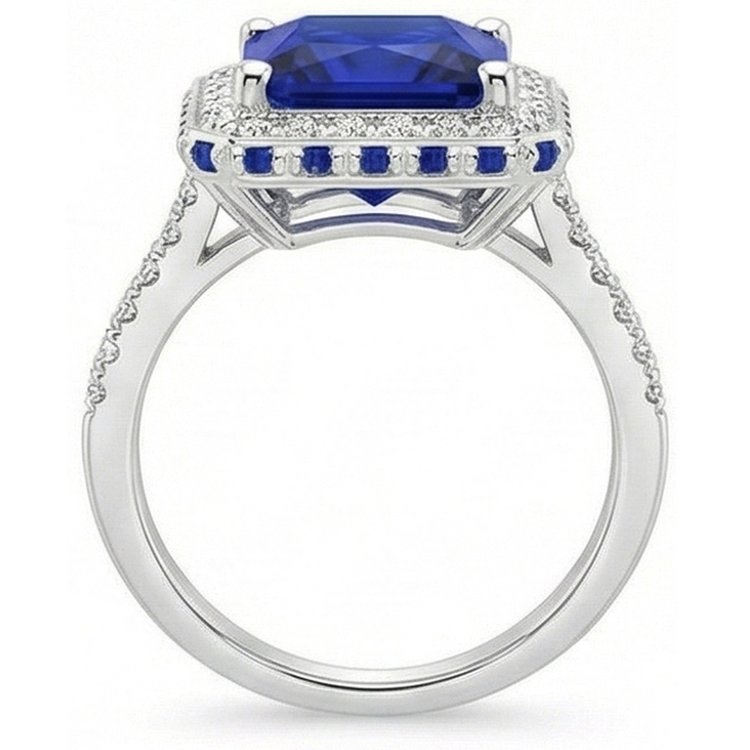 Bague saphir bleu et halo de diamants 5.5 carats princesse avec accent