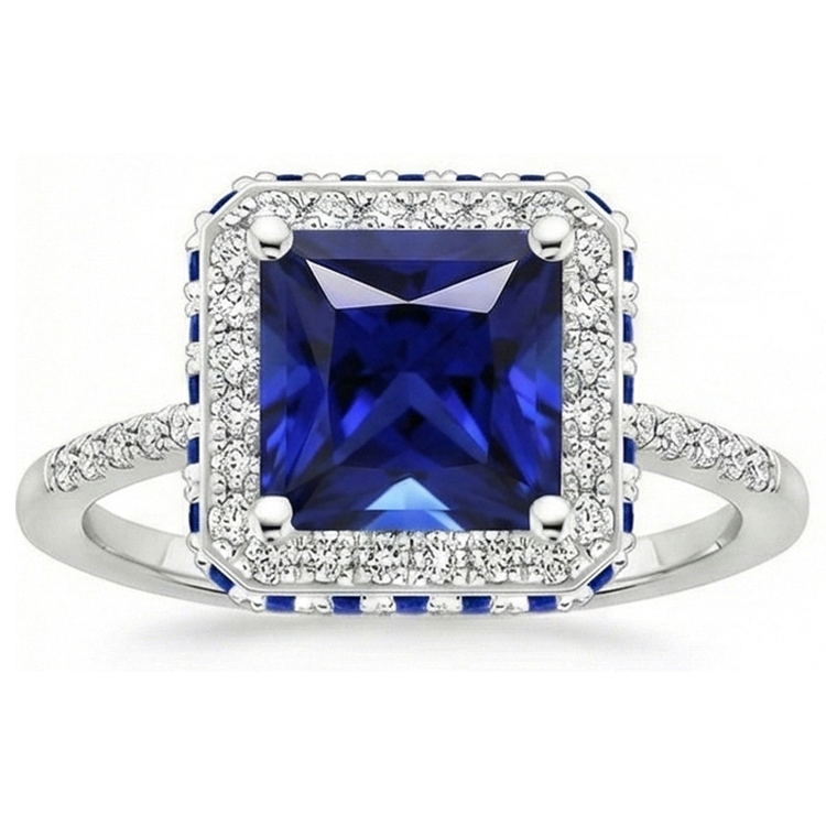Bague saphir bleu et halo de diamants 5.5 carats princesse avec accent