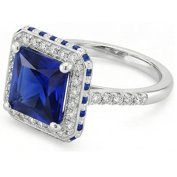 Bague saphir bleu et halo de diamants 5.5 carats princesse avec accent