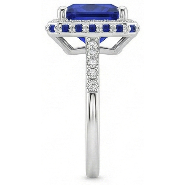 Bague saphir bleu et halo de diamants 5.5 carats princesse avec accent