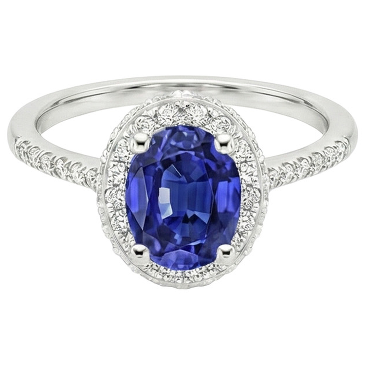 Bague saphir bleu halo taille ovale et serti de diamants 3.75 carats