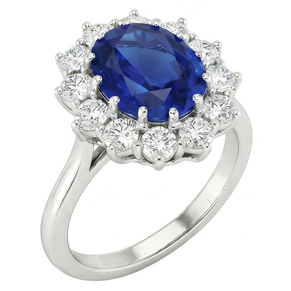 Bague saphir bleu ovale et halo de diamants ronds 6,50 ct. Or Blanc 14K