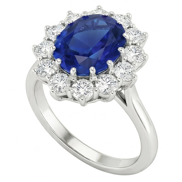Bague saphir bleu ovale et halo de diamants ronds 6,50 ct. Or Blanc 14K