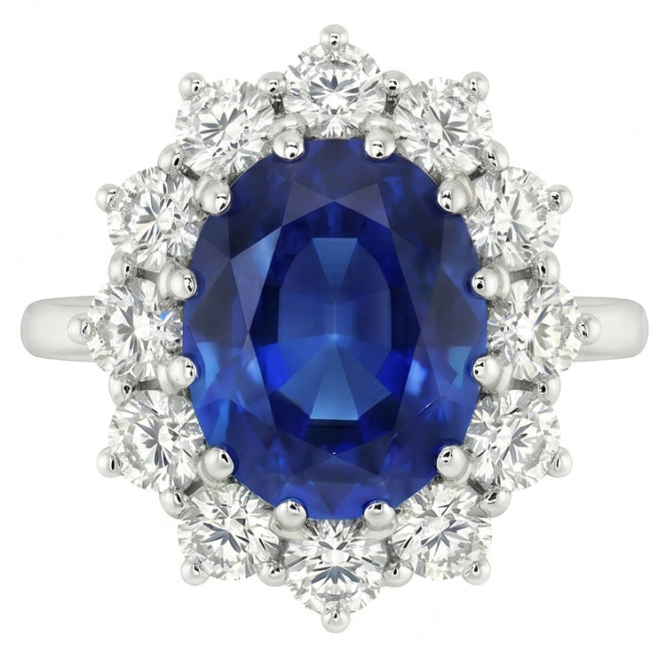 Bague saphir bleu ovale et halo de diamants ronds 6,50 ct. Or Blanc 14K