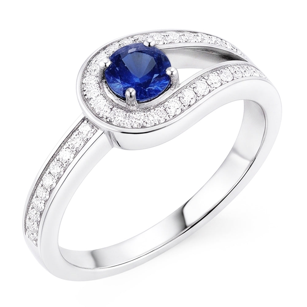 Bague saphir bleu rond avec accents style tige fendue 1.50 carats