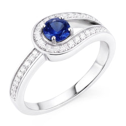Bague saphir bleu rond avec accents style tige fendue 1.50 carats