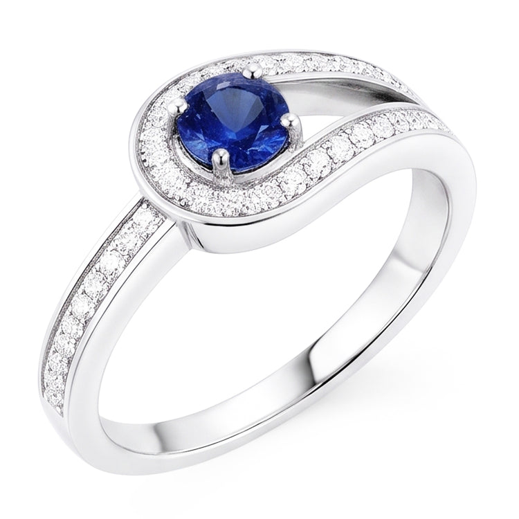Bague saphir bleu rond avec accents style tige fendue 1.50 carats