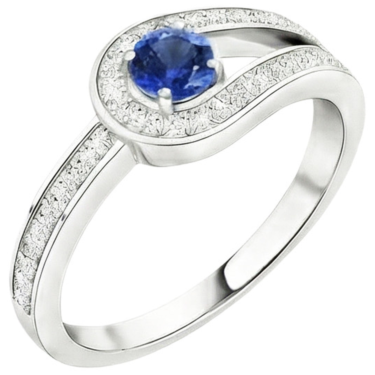 Bague saphir bleu rond avec accents style tige fendue 1.50 carats
