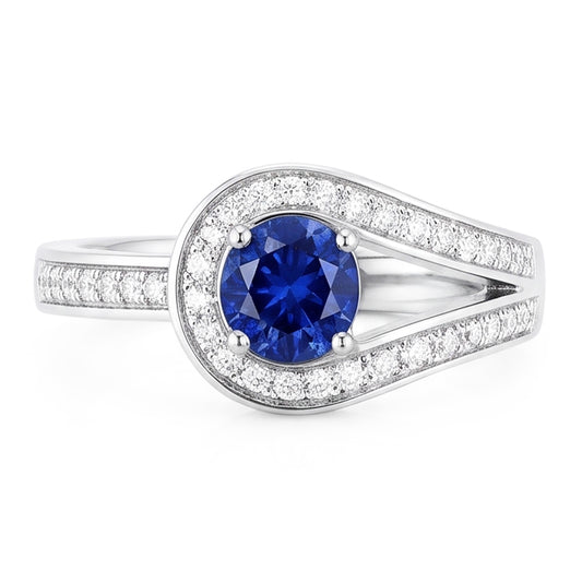 Bague saphir bleu rond avec accents style tige fendue 1.50 carats
