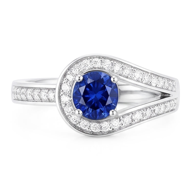 Bague saphir bleu rond avec accents style tige fendue 1.50 carats
