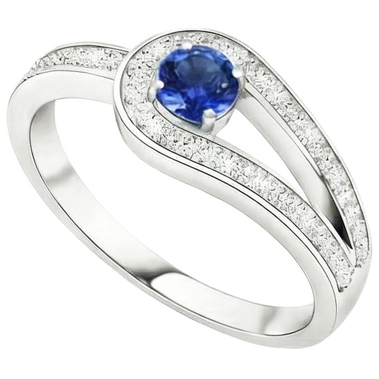 Bague saphir bleu rond avec accents style tige fendue 1.50 carats