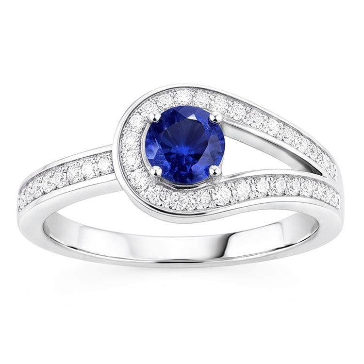 Bague saphir bleu rond avec accents style tige fendue 1.50 carats