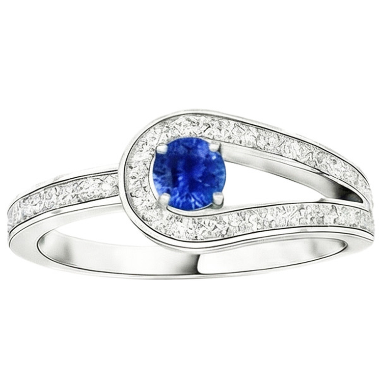 Bague saphir bleu rond avec accents style tige fendue 1.50 carats