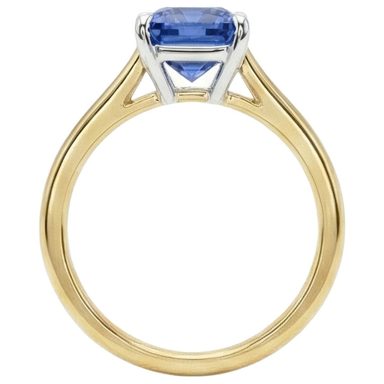 Bague saphir bleu solitaire à deux tons. tige conique 1.50 carats