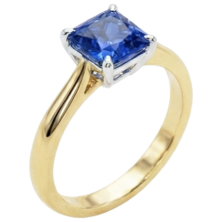 Bague saphir bleu solitaire à deux tons. tige conique 1.50 carats